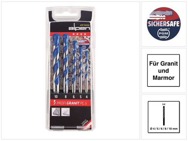 Alpen Profi Granit PG 5 tlg. Hartmetall Granitbohrer Set 4 - 10 mm DIN ISO 5468 PGM zertifiziert