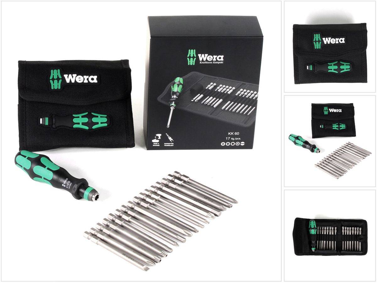 Wera Kraftform Kompakt KK 60 Bit-Schraubendreher 1/4" 17 - tlg. 6,3 mm in Tasche zur Gürtelbefestigung ( 05059295001 )-0