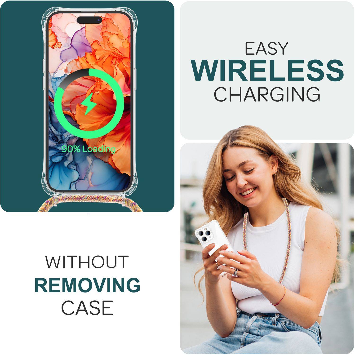 Hülle mit Band für iPhone 15 Pro Handyhülle Umhänge Case Handy Kette Kordel Seil Regenbogen-4