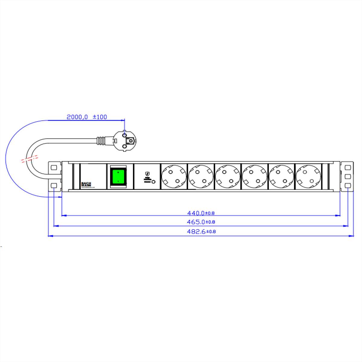 BACHMANN 19" 1,5HE 6xCEE7/3 1xSchalter 1xSPD-Plus 2,0m CEE7/7-1