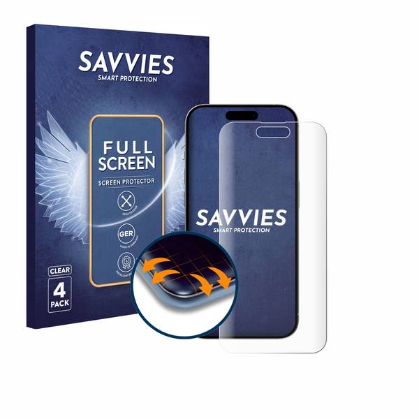4x Savvies Flex Full-Cover Schutzfolie für Apple iPhone 15 / 15 Pro Full-Screen 3D Curved Transparent