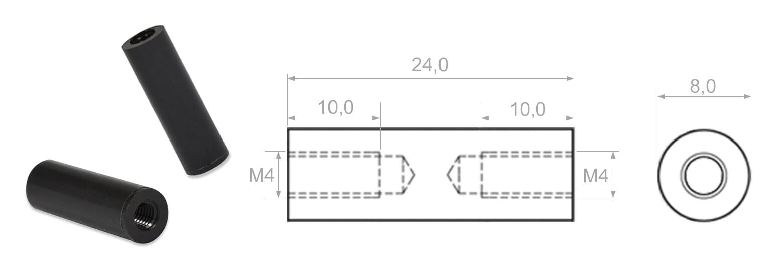 Abstandsrollen M4 L=24 mm - PA-GV, schwarz - emico-2