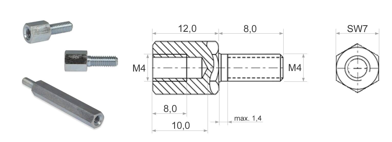 6-kant Distanzstück M4/M4x8 SW7 L=12 - Stahl (S300Pb), verzinkt - emico-2