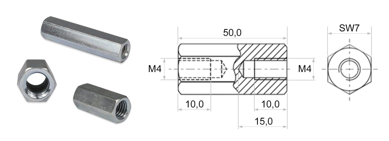 6-kant Distanzstück II M4 SW7 L=50 - Stahl (S300Pb), verzinkt - emico-1