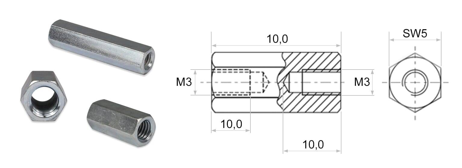 6-kant Distanzstück II M3 SW5 L=10 - Stahl (S300Pb), verzinkt - emico-1