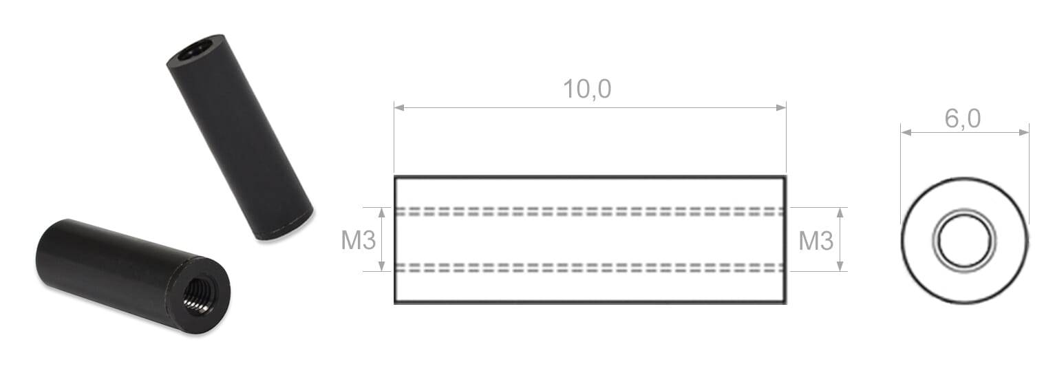 Abstandsrollen M3 L=10 mm - PA-GV, schwarz - emico-2