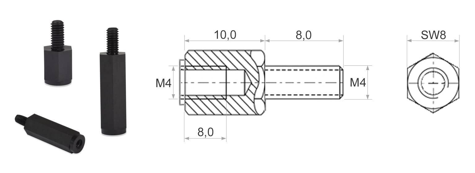 Abstandsbolzen IA M4 M4x8 SW8 L=10 mm - PA 6.6, schwarz - emico-2