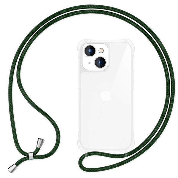 Hülle mit Band für iPhone 15 Handyhülle Umhängen Schutz Case Handy Kette Kordel Dunkel-Grün