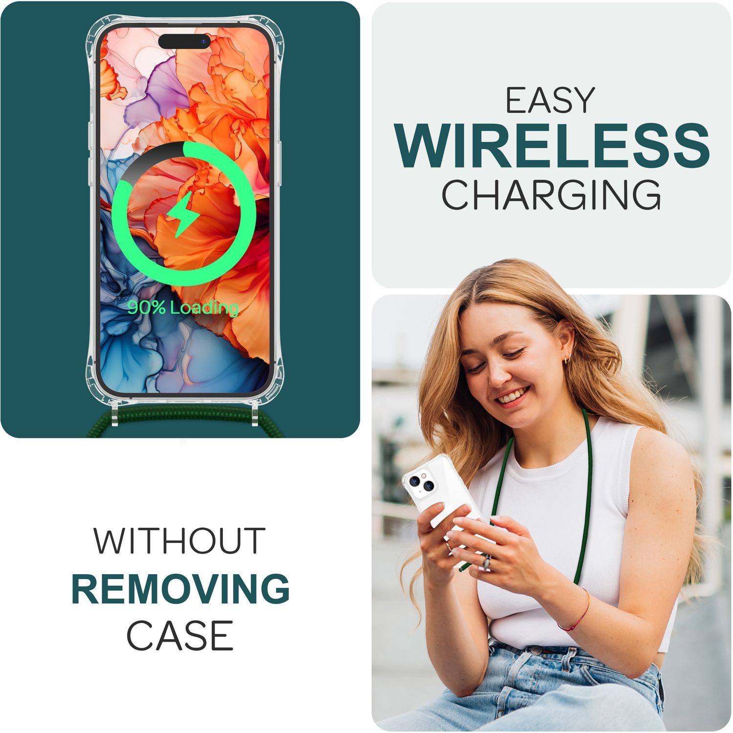 Hülle mit Band für iPhone 15 Handyhülle Umhängen Schutz Case Handy Kette Kordel Dunkel-Grün-4