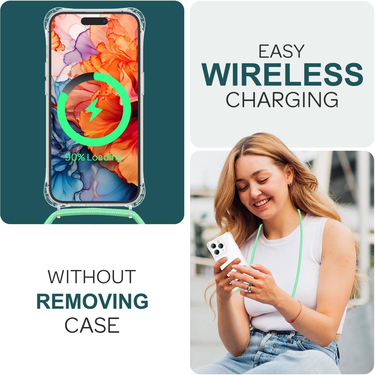 Hülle mit Band für iPhone 15 Pro Handyhülle Umhänge Case Handy Kette Kordel Seil Mint-Grün-4