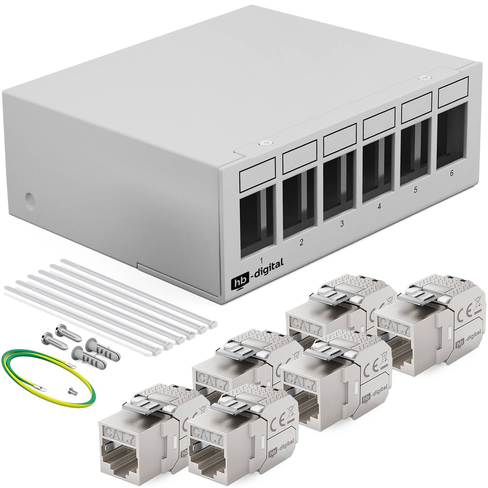 hb-digital Patchpanel 6 Port mit 6 x Keystone Module Cat 7 hellgrau-0
