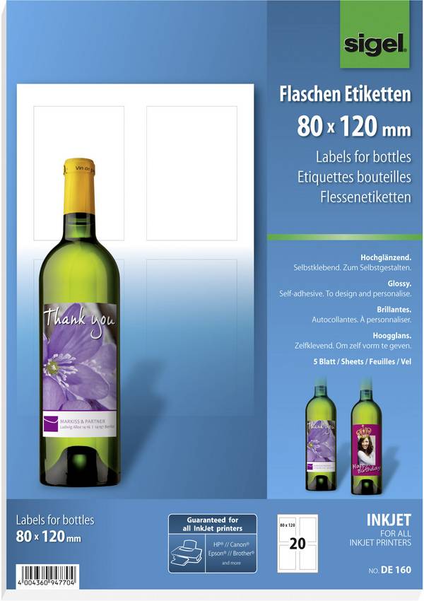 Sigel DE160 Flaschenetiketten 80 x 120 mm Papier Weiß 20 St. Permanent haftend Tintenstrahldrucker