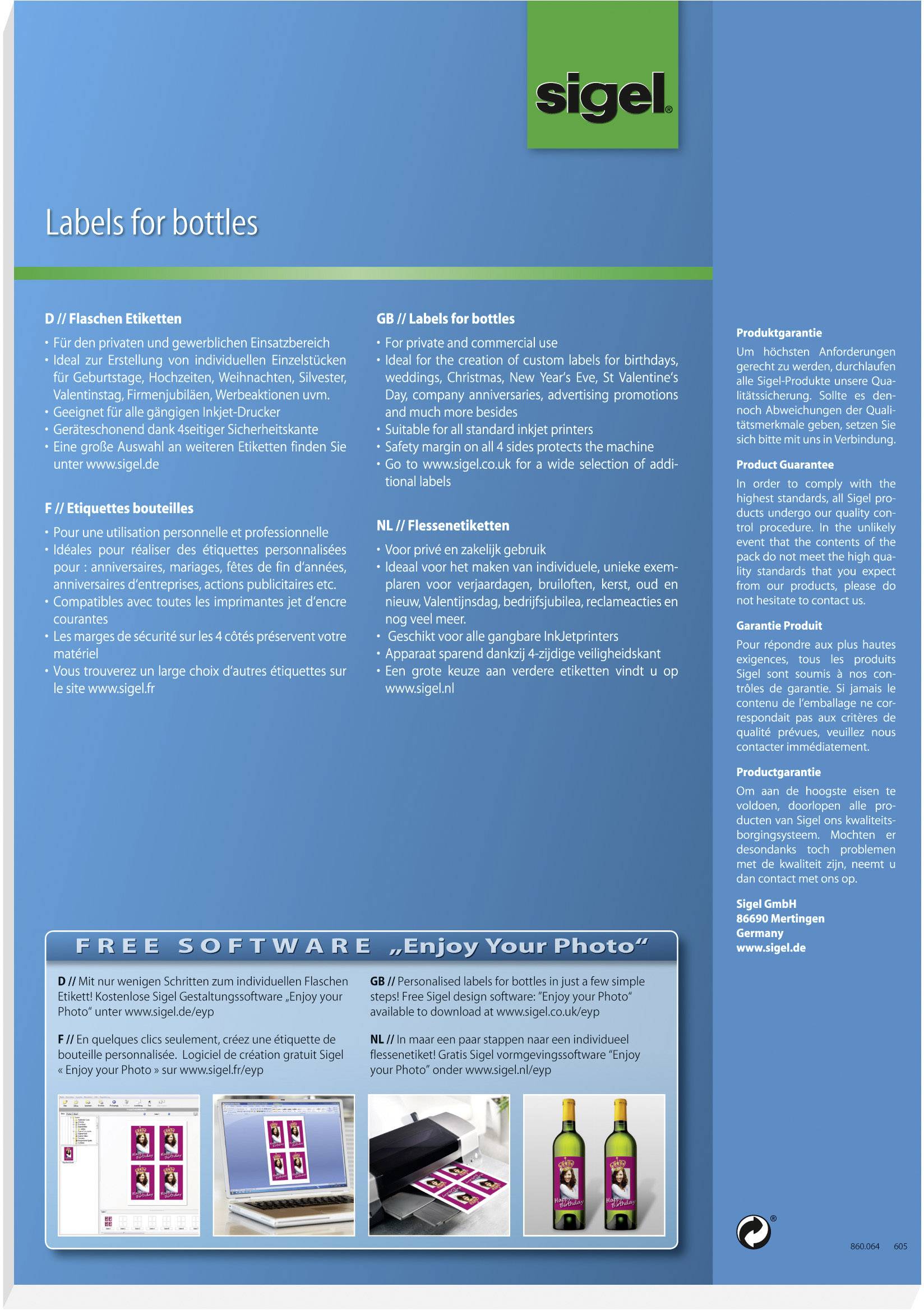 Blauer Hintergrund mit Produktinformationen zu Flaschenetiketten in Englisch, Französisch und Deutsch. Inkl. Bild von bedruckten Flaschen.