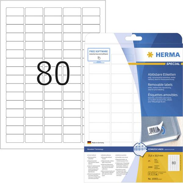 Herma 10003 Universal-Etiketten 35.6 x 16.9 mm Papier Weiß 2000 St. Wiederablösbar Tintenstrahldrucker, Laserdrucker, Farblaserdrucker, Kopierer, Farbkopierer, Handbeschriftung