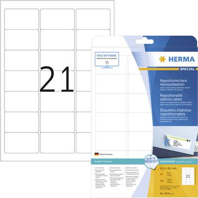 Herma 5074 Adress-Etiketten 63.5 x 38.1 mm Papier Weiß 525 St. Wiederablösbar Tintenstrahldrucker, Laserdrucker, Farblas