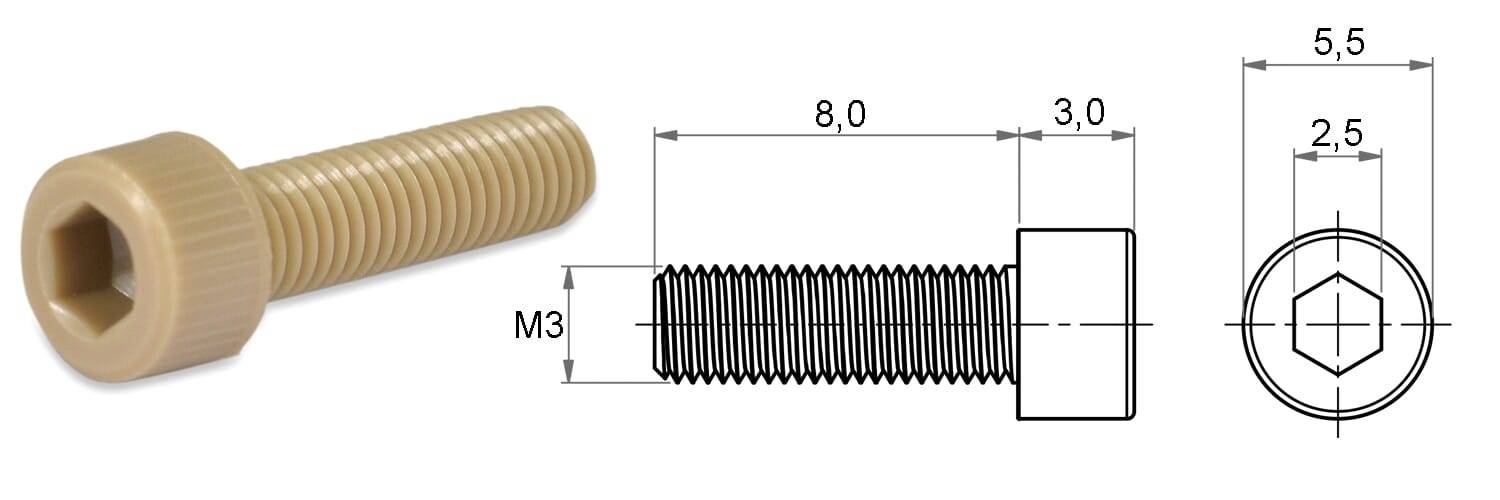 Zylinderschrauben M3x8 - PEEK, hellbraun - emico-1