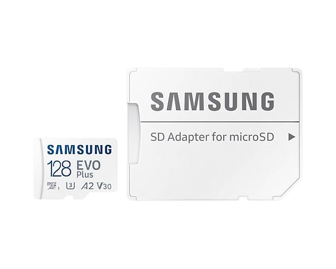 Samsung EVO Plus SDXC-Karte 128 GB Class 10, Class 10 UHS-I, UHS-I, v30 Video Speed Class A2-Leistungsstandard, inkl. SD-2