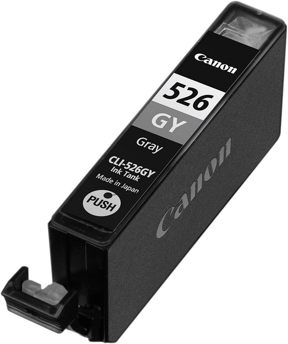 'Tintenpatrone Canon 526 GY Grau, CLI-526GY, hergestellt in Japan, mit Push-Mechanismus zum Einsetzen in Drucker.'