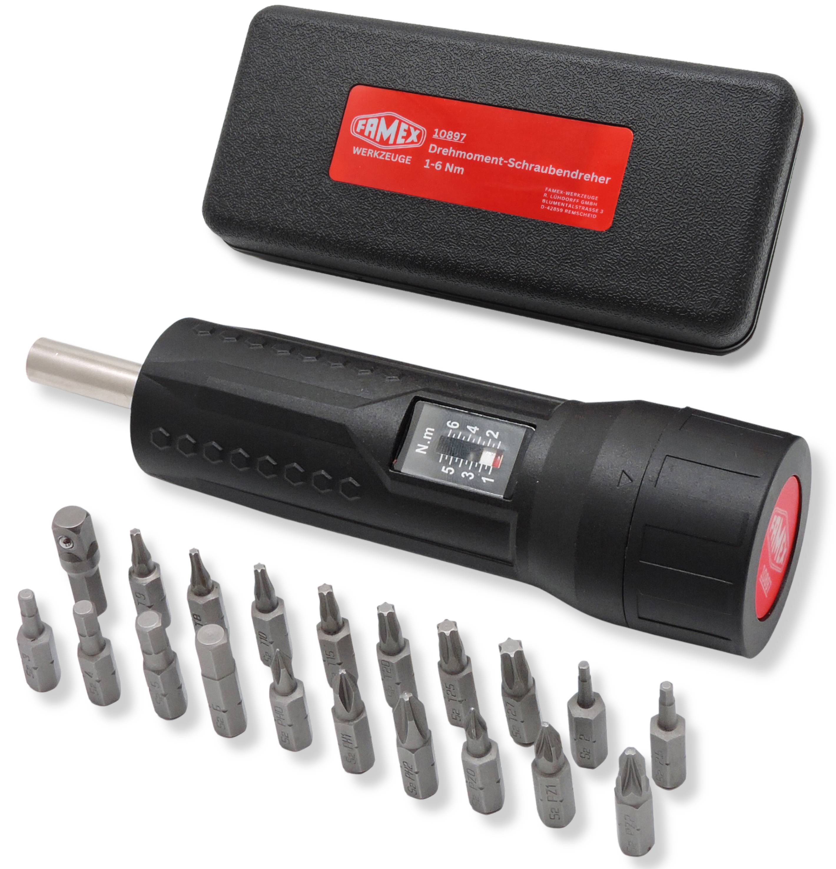 Famex 10897 Drehmomentschraubendreher 1/4 Zoll, 1-6 Nm Drehmomentschlüssel mit Bits und Adapter-1