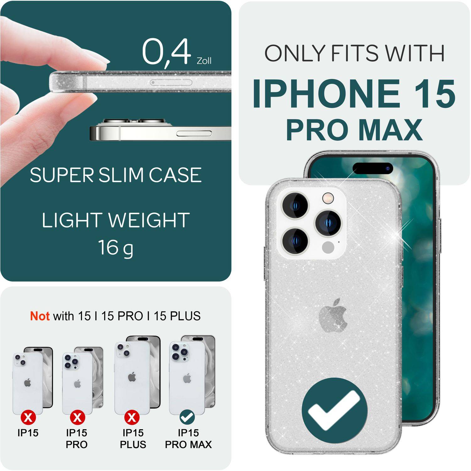 Glitzer Hülle für iPhone 15 Pro Max Bling Case Klar Silikon Handyhülle Tasche Transparent-3