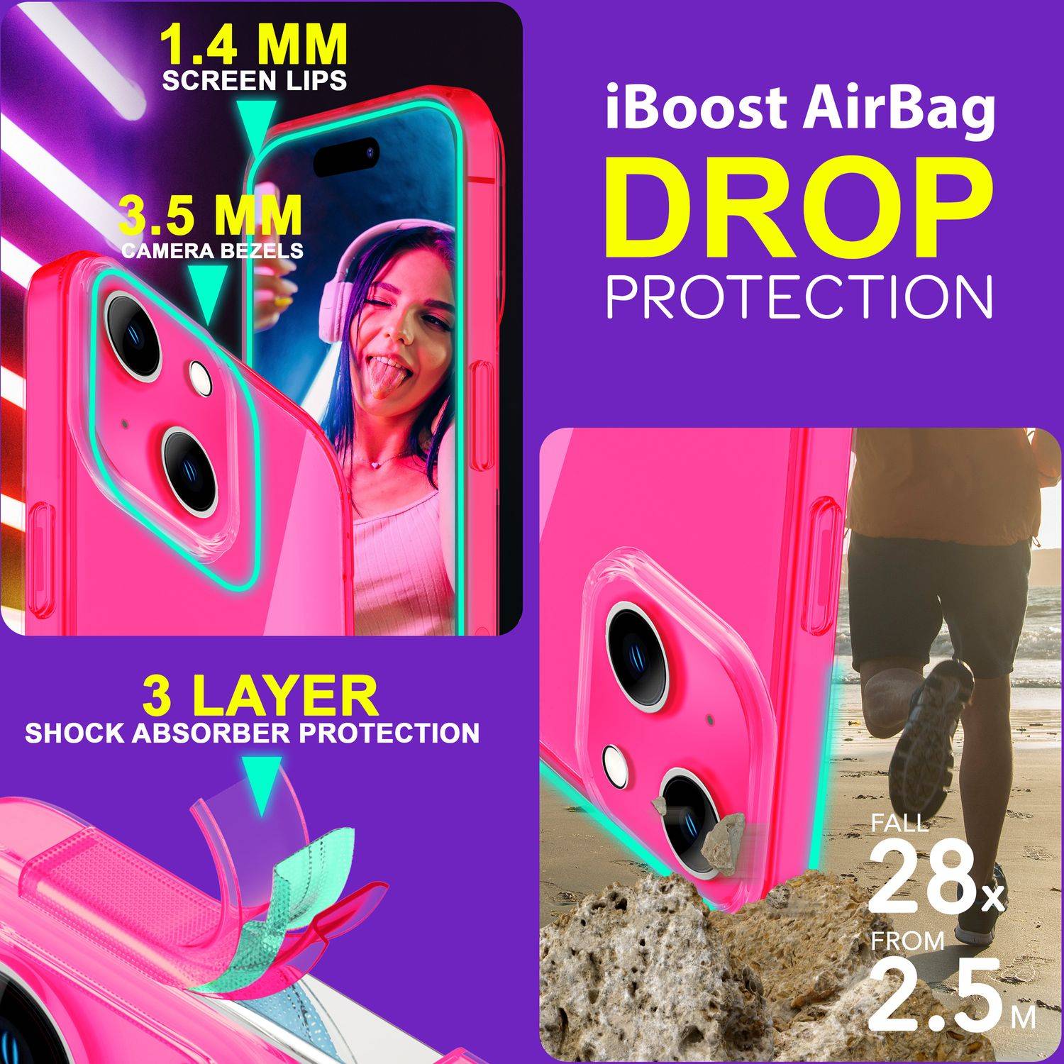 Hülle Neon Klar für iPhone 15 Bunt Leuchtend Silikon Handyhülle Slim Schutz Case Pink-1