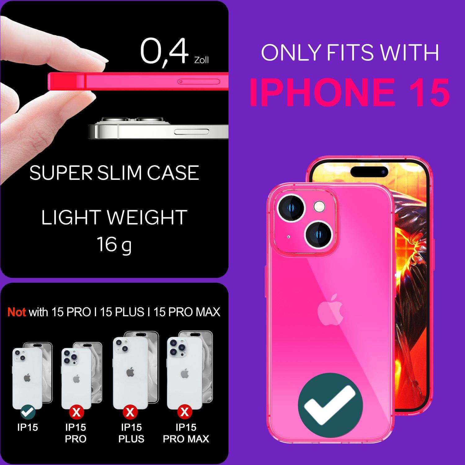 Hülle Neon Klar für iPhone 15 Bunt Leuchtend Silikon Handyhülle Slim Schutz Case Pink-3