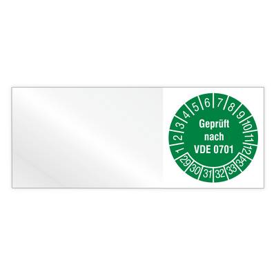 Kabelprüfplakette, Geprüft nach VDE 0701, Jahr 2029 - 2034, Vinylfolie, 50 x 20 mm, Heft-0