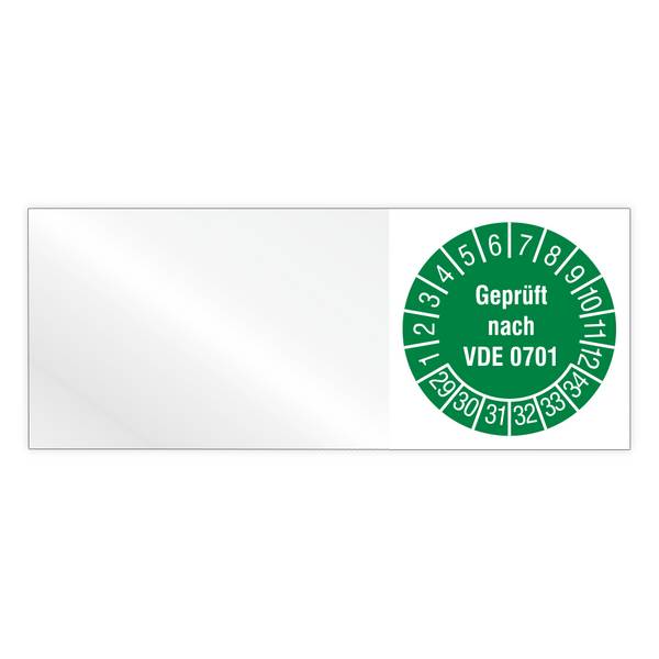 Kabelprüfplakette, Geprüft nach VDE 0701, Jahr 2029 - 2034, Vinylfolie, 50 x 20 mm, Heft