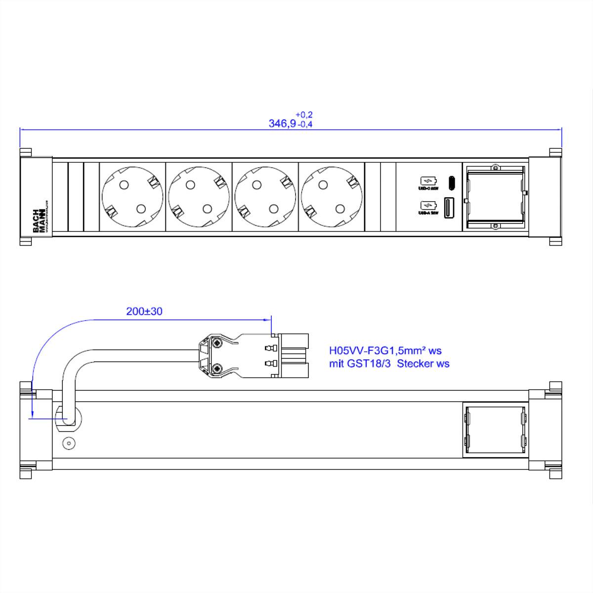 BACHMANN POWER FRAME 4xCEE7/3 1xCM 1xUSB A/C 22W 0,2m RAL9010-1