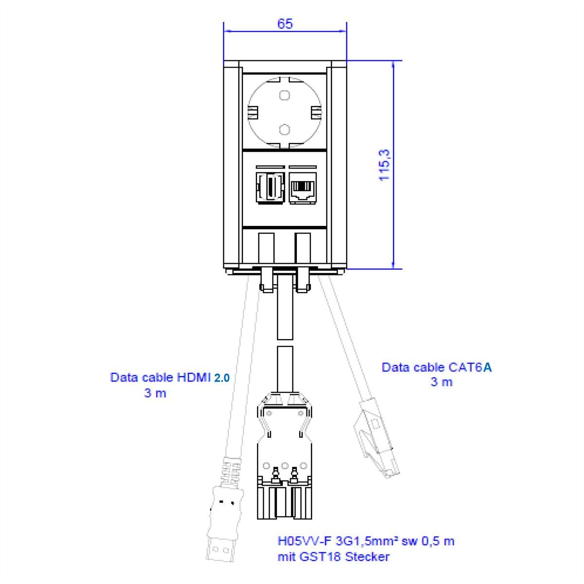 BACHMANN ELEVATOR 1xCEE7/3 1xHDMI 1xCAT6A 90° 0,5m GST18-1