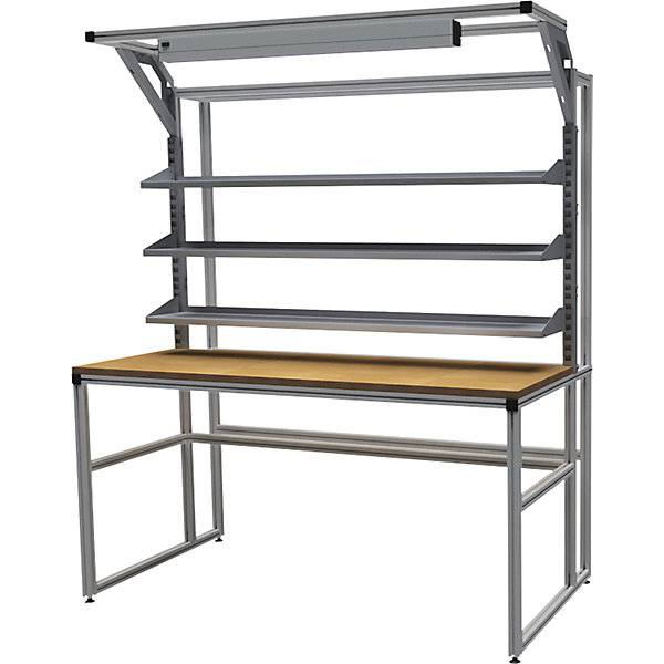 workalu® Arbeitstisch mit Systemaufbau einseitig 3 Fachböden und Arbeitsplatzleuchte Plattenbreite 1750 mm.