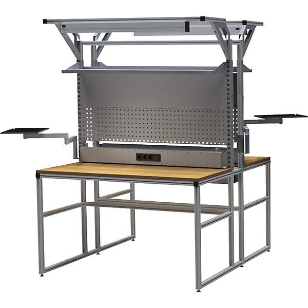 workalu® Arbeitstisch mit Systemaufbau doppelseitig Energieleiste Lochwand Magnetwand 2 Schwenkarme 2