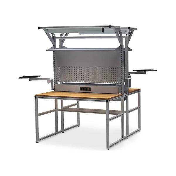 workalu® Arbeitstisch mit Systemaufbau doppelseitig Energieleiste Lochwand Magnetwand 2 Schwenkarme 2-1