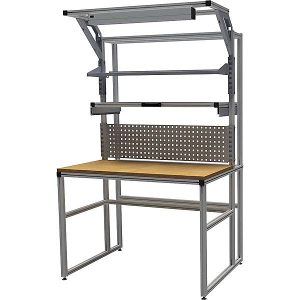 workalu® Arbeitstisch mit Systemaufbau einseitig Lochwand und Arbeitsplatzleuchte Plattenbreite 1250 mm.