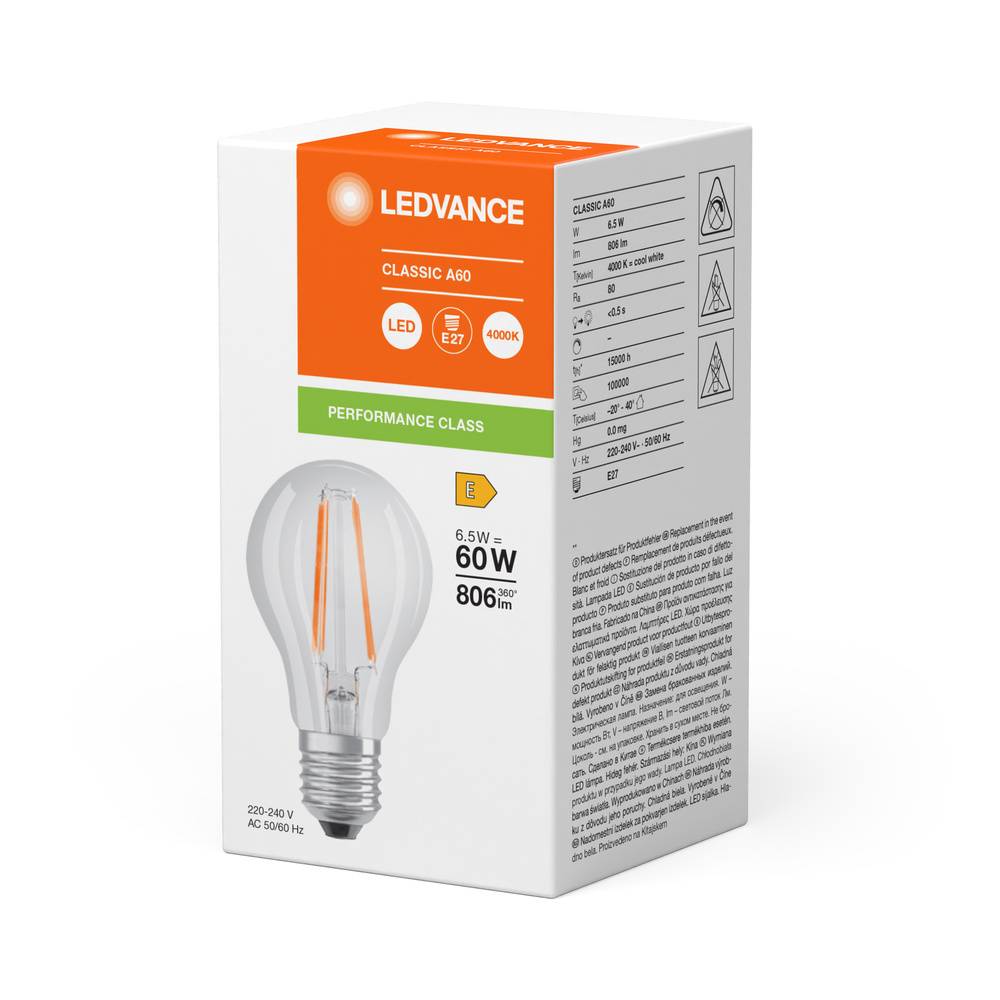LEDV LED Classic A60-E27 062582 6,5W / 2700K / 806lm / ø60x105mm / klar-1