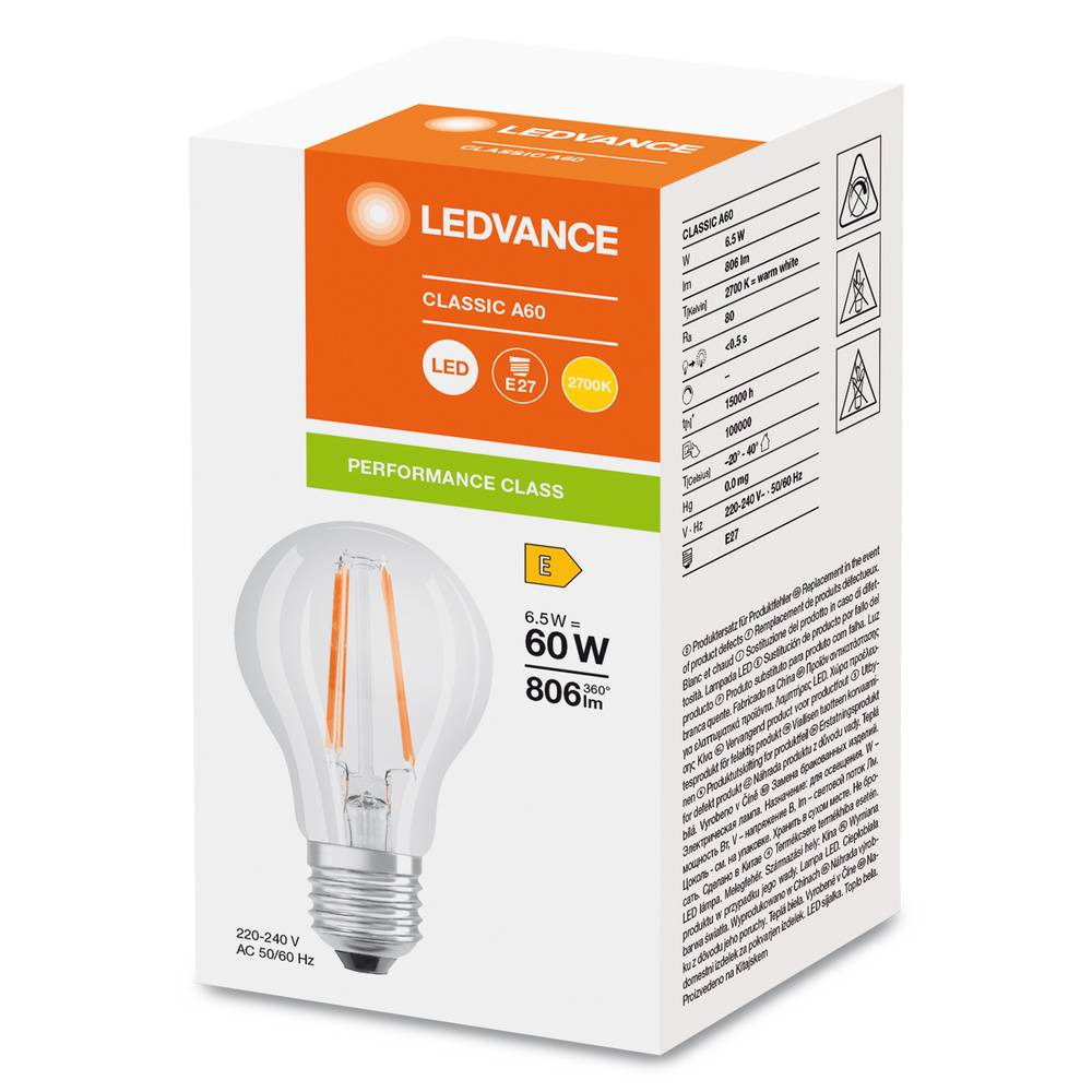 LEDV LED Classic A60-E27 062582 6,5W / 2700K / 806lm / ø60x105mm / klar-2