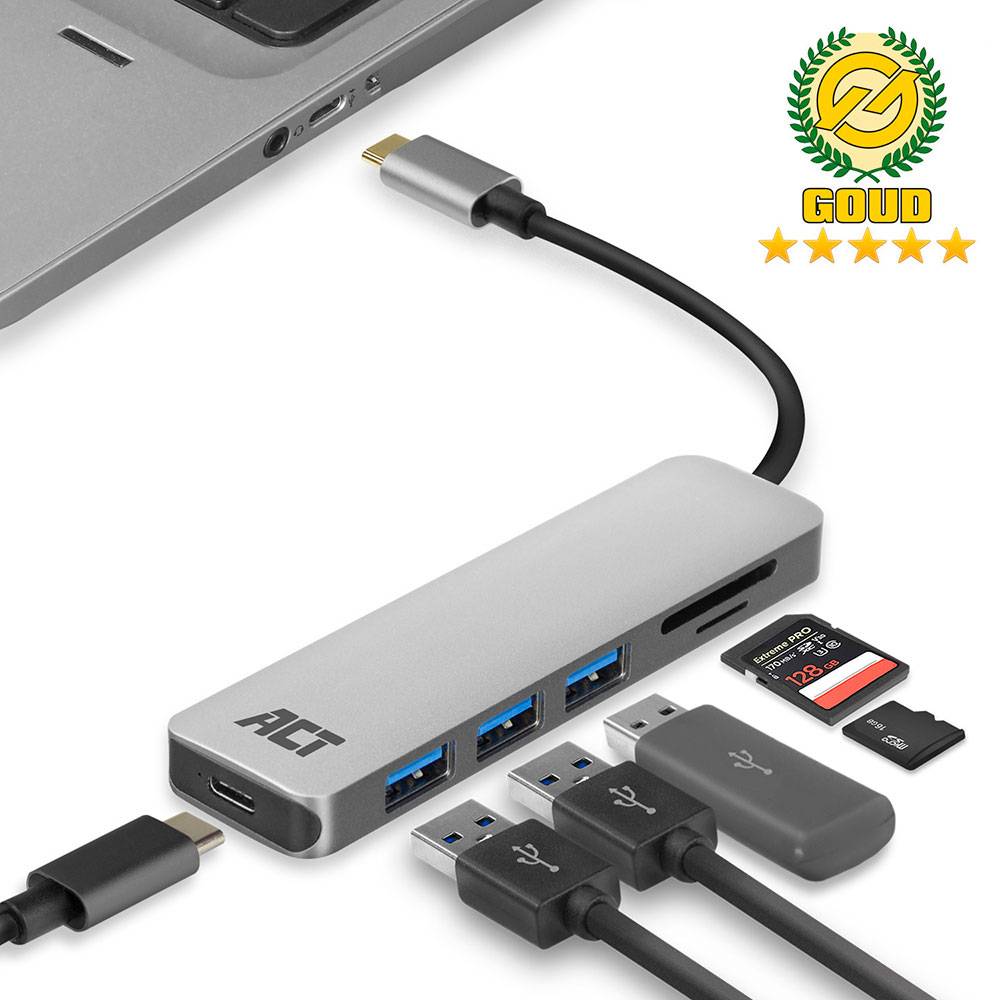 ACT AC7050 USB Hub USB-C 3.1 Gen1 (USB 3.0) - Micro SD/SD Kartenleser 3x USB-A (f) 1x USB-C (f) mit Power Del…-0