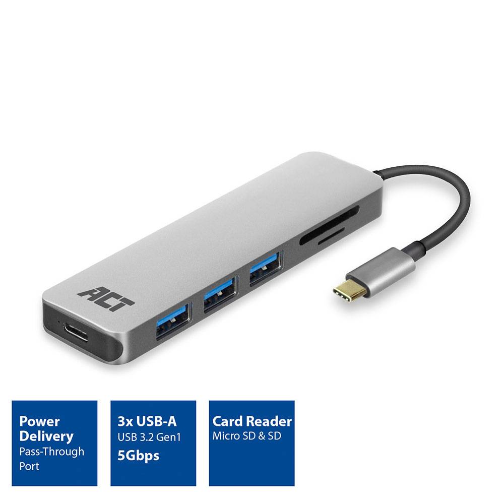 ACT AC7050 USB Hub USB-C 3.1 Gen1 (USB 3.0) - Micro SD/SD Kartenleser 3x USB-A (f) 1x USB-C (f) mit Power Del…-1