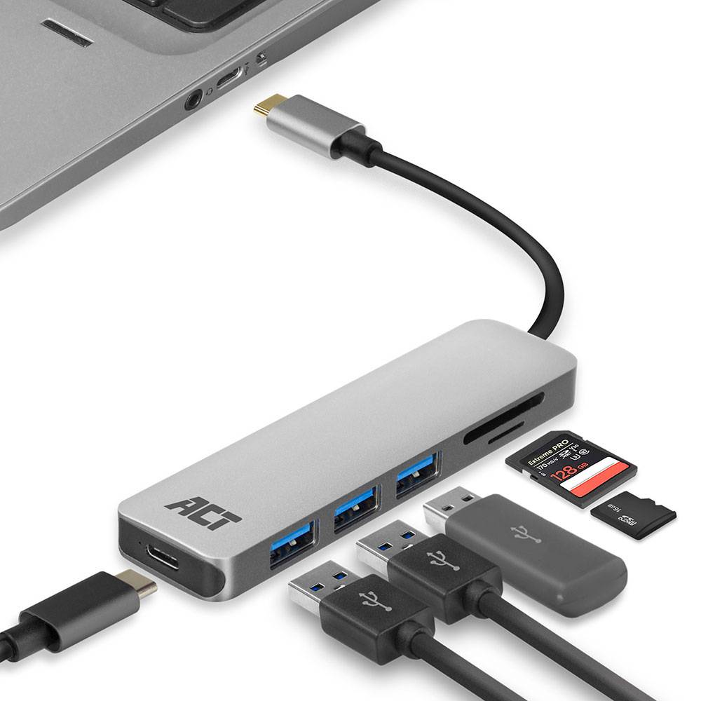 ACT AC7050 USB Hub USB-C 3.1 Gen1 (USB 3.0) - Micro SD/SD Kartenleser 3x USB-A (f) 1x USB-C (f) mit Power Del…-4