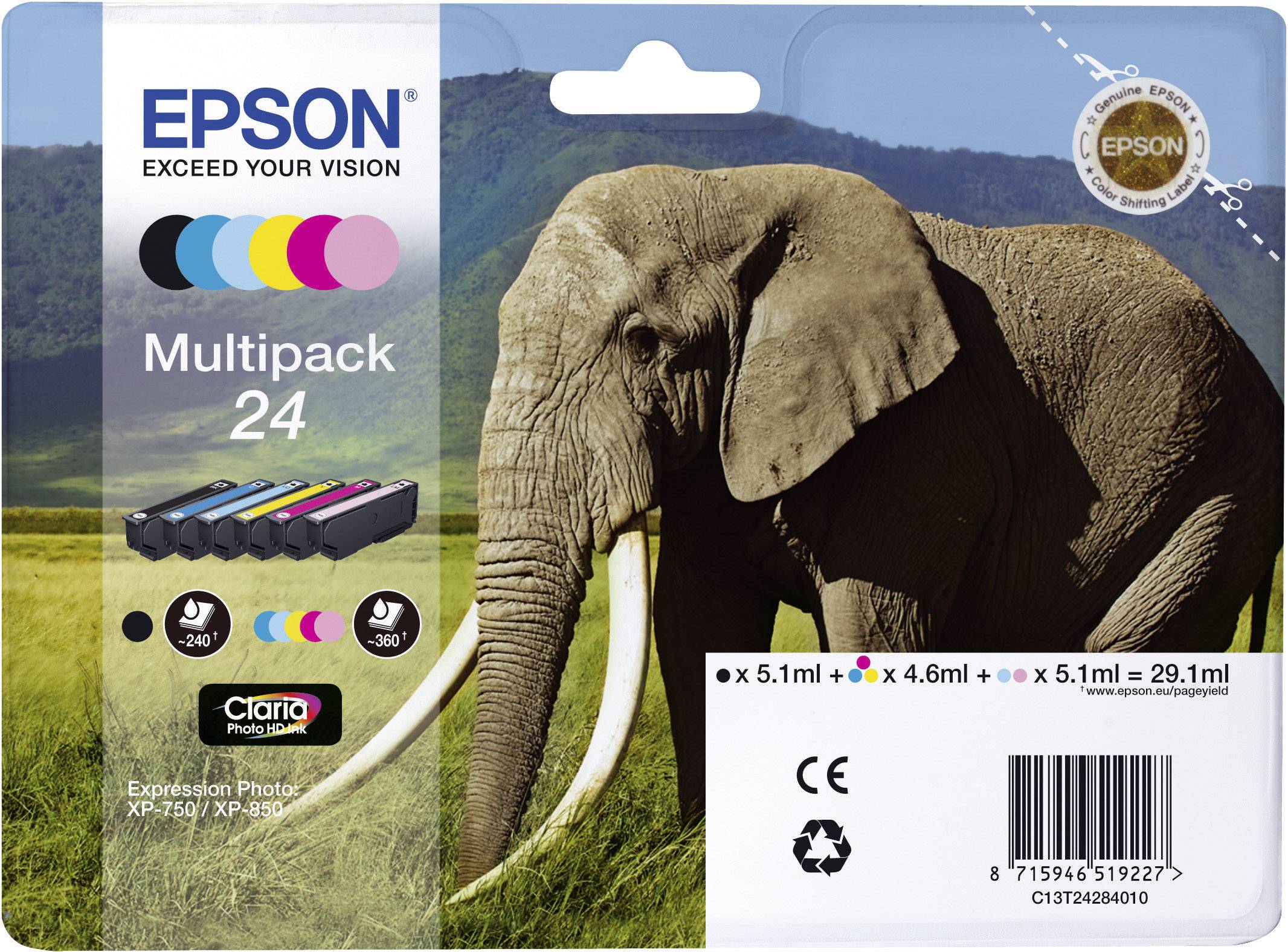 Epson Druckerpatrone T2428, 24 Original Kombi-Pack Schwarz, Cyan, Magenta, Gelb, Photo Cyan, Photo Magenta C13T24284011