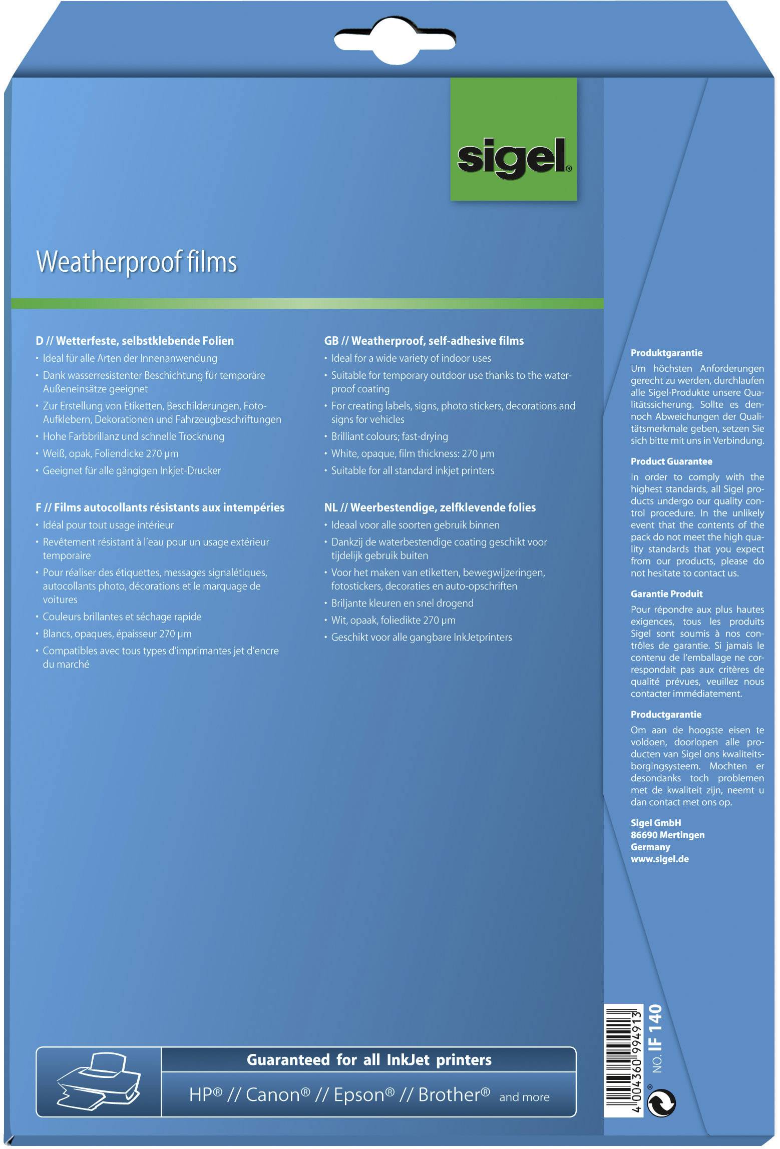 Die Verpackung einer wetterfesten, selbstklebenden Folie von Sigel, geeignet für alle Tintenstrahldrucker. Enthält Produktdetails.