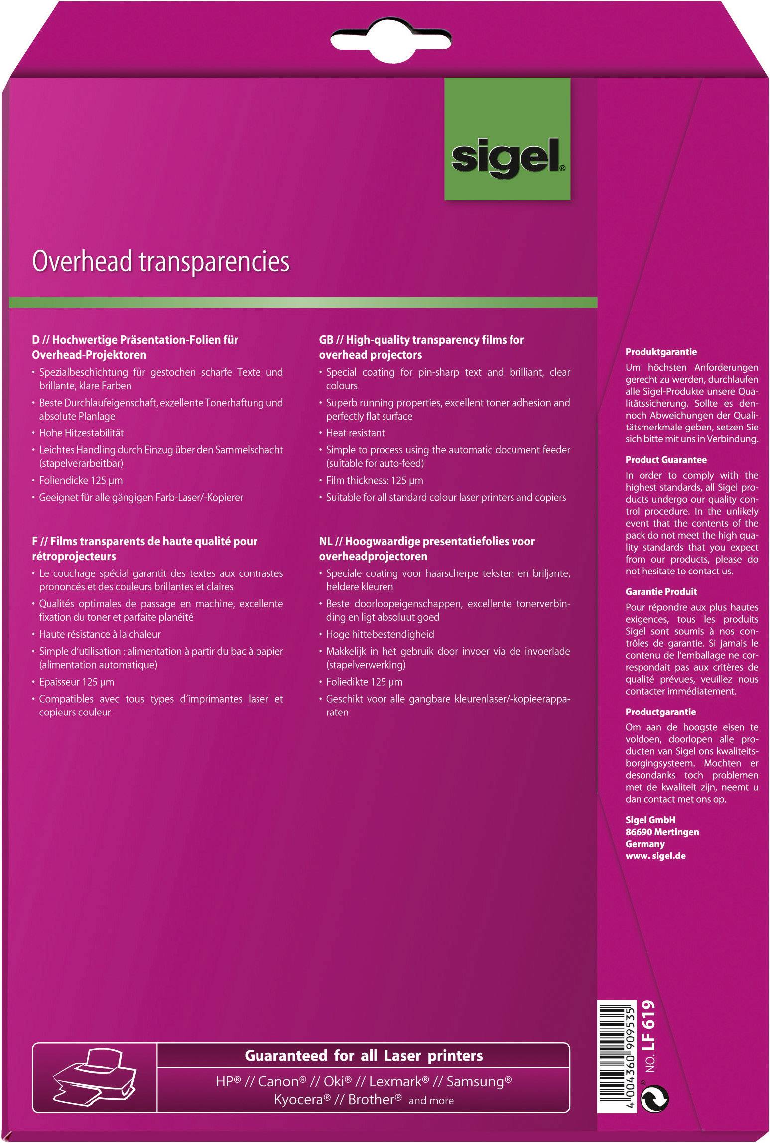 Verpackung für Overhead-Folien von Sigel, geeignet für alle Laserdrucker. Enthält mehrsprachige Produktinformationen und Markenlogos.
