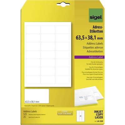 Sigel LA320 Adress-Etiketten 63.5 x 38.1 mm Papier Weiß 525 St. Permanent haftend Tintenstrahldrucker, Laserdrucker, Far