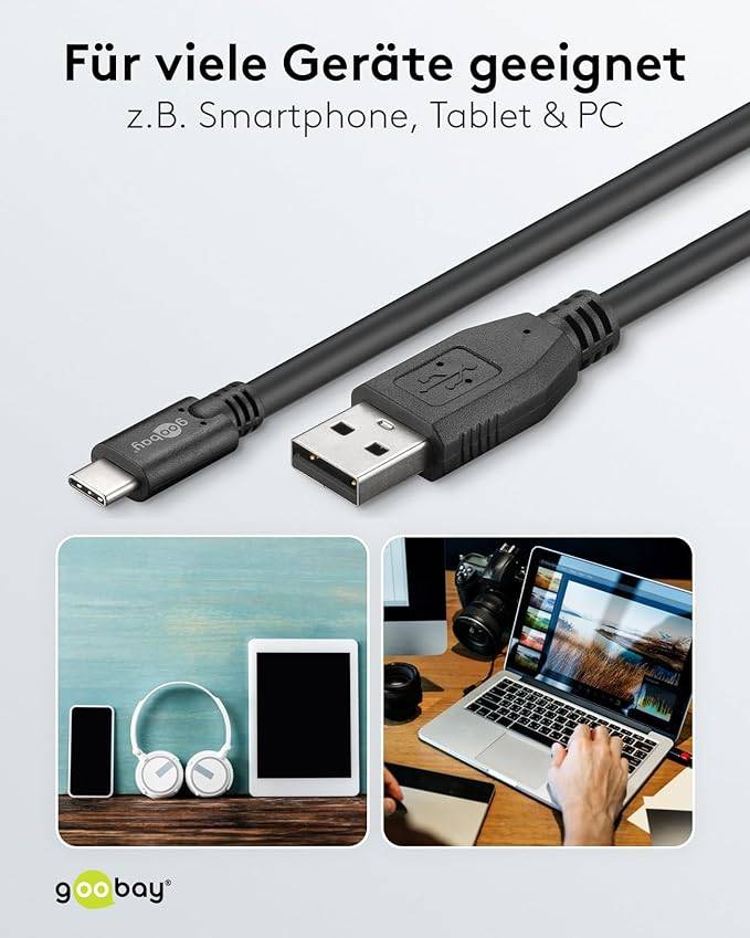 Goobay 55468 USB A auf USB C Kabel / Handykabel 480 Mbits / Ladekabel USB 2.0 Adapterkabel 5V - 3A / Schwarz / 1,8 Meter-5