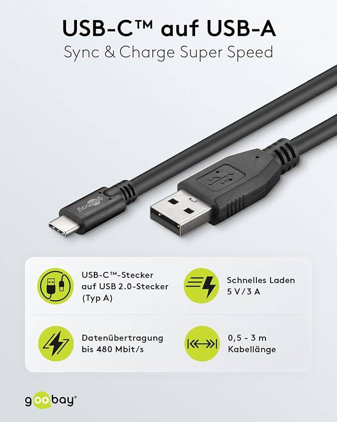 Goobay 55468 USB A auf USB C Kabel / Handykabel 480 Mbits / Ladekabel USB 2.0 Adapterkabel 5V - 3A / Schwarz / 1,8 Meter-1