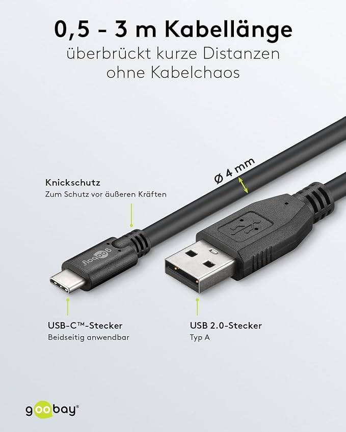 Goobay 55468 USB A auf USB C Kabel / Handykabel 480 Mbits / Ladekabel USB 2.0 Adapterkabel 5V - 3A / Schwarz / 1,8 Meter-2