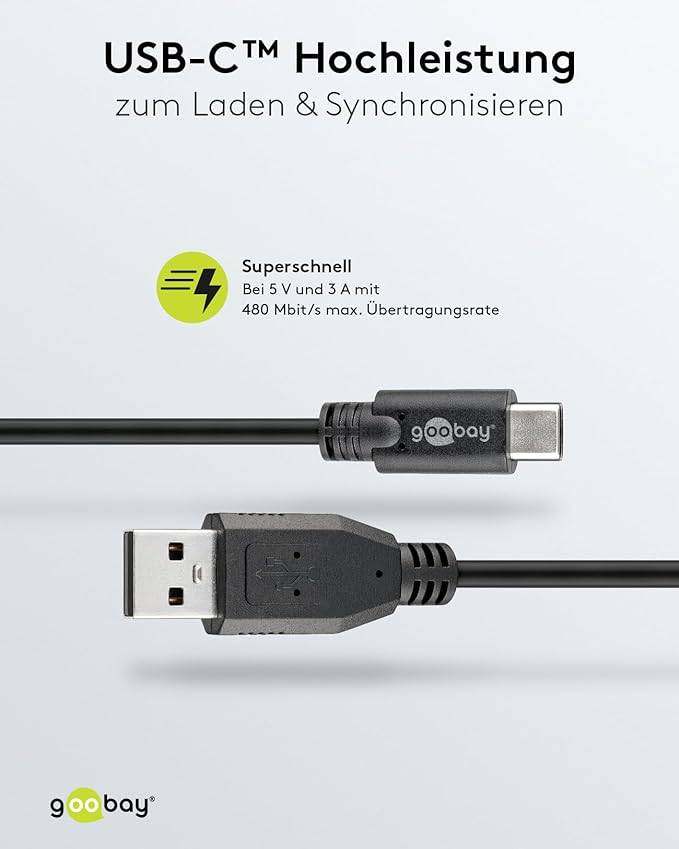 Goobay 55468 USB A auf USB C Kabel / Handykabel 480 Mbits / Ladekabel USB 2.0 Adapterkabel 5V - 3A / Schwarz / 1,8 Meter-3