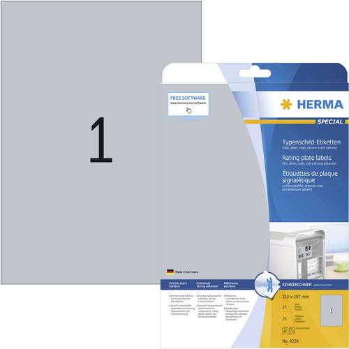 Herma 4224 Typenschild-Etiketten 210 x 297 mm Polyester-Folie Silber 25 St. Permanent haftend Laserdrucker, Kopierer, Ha...