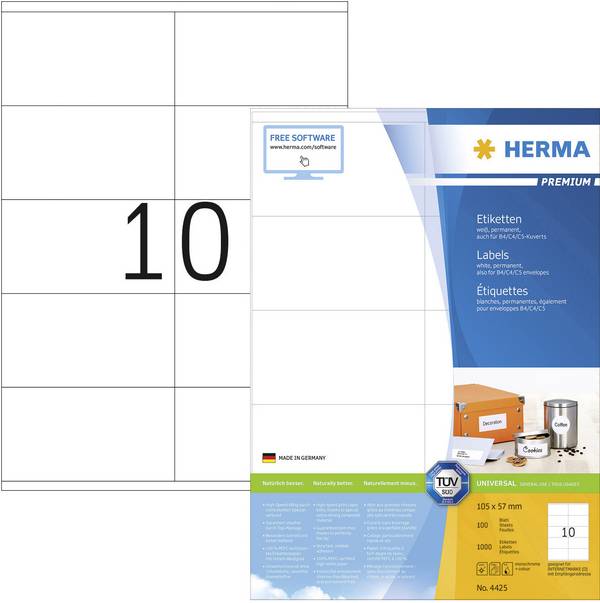 Herma 4425 Universal-Etiketten 105 x 57 mm Papier Weiß 1000 St. Permanent haftend Tintenstrahldrucker, Laserdrucker, Farblaserdrucker, Kopierer, Farbkopierer, Handbeschriftung