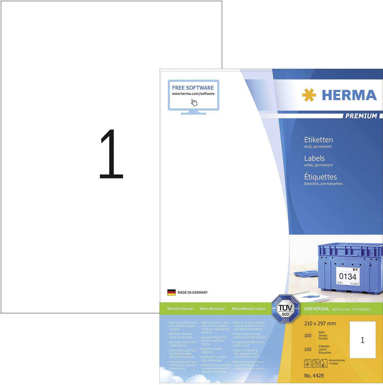 Herma 4428 etikety 210 x 297 mm papír bílá 100 ks permanentní univerzální etikety, přepravní štítky inkoust, laser, kopie 100 Blatt A4